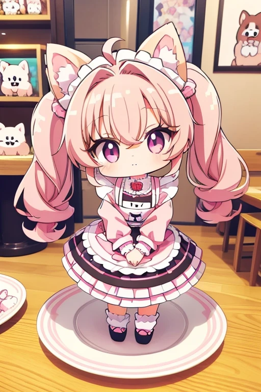 Highest quality,masterpiece,dogcafe,Girl clerk,Maid clothes,(Pomeranian,Multiple small dogs 1.3),Anime Style,cute,Twin tail hair,