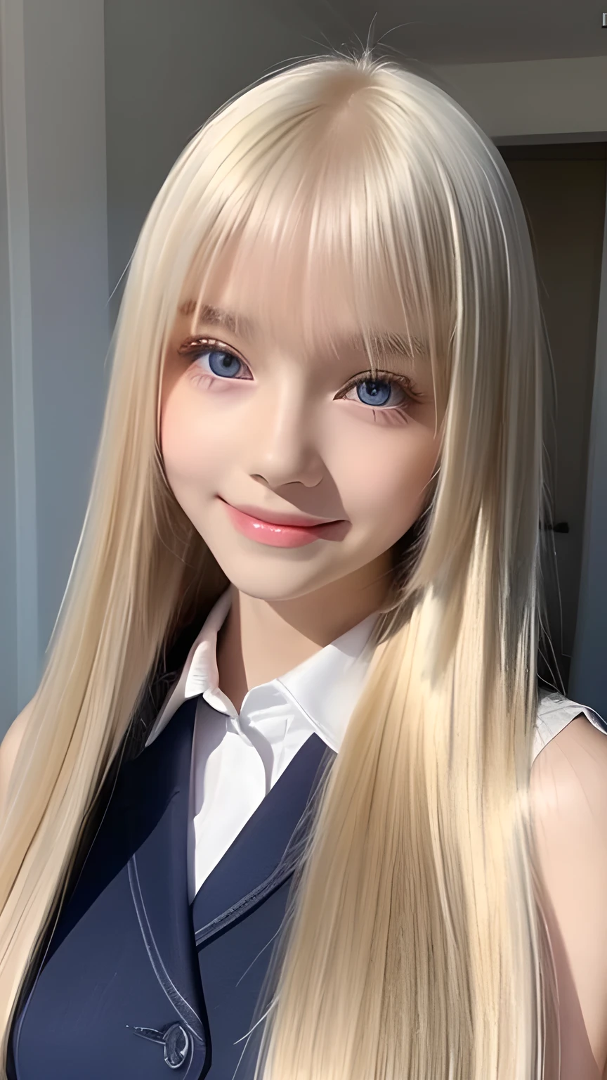 Portrait、School uniform、Bright expression、ponytail、Young, lustrous, glowing, white skin、The best beauty、Blonde reflection、Platinum blonde hair with dazzling highlights、Shiny bright hair,、Super long silky straight hair、Shiny beautiful bangs、Sparkling, translucent, captivating, large blue eyes、Very beautiful lovely cute girl、Ample Bust