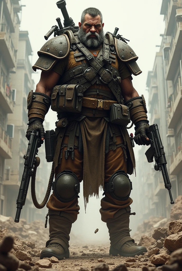 Heavily armed warrior in apolyptic world