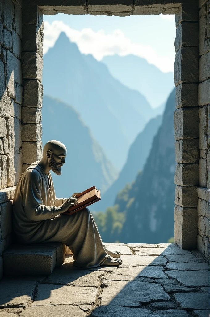  A little window a little window in the ecstasy of a mountain next to that window a stone man sitting with a stone book in his hand