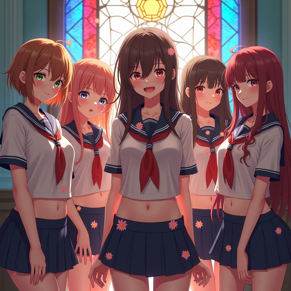 (sfw, White and Red, Acutance:0.8), Masterpiece, realistic, (photorealistic:1.8) with touch of rawness. A group of KAWAII girls in opened school uniform without brassiere . (extremely detailed KAWAII face variations, joyful expression variations), { Navel | pretty Ass | Overflowing underboob | (White panties) with blood only in crotch area | (full of Flowers covering girl's body) | (Colorful Light shines through Dazzling stained glass with delicate details:1.2) | Lens Flare } . (Exposed:1.2), ((nipple:-0.9)), (not Detailed fingers:-0.9) .