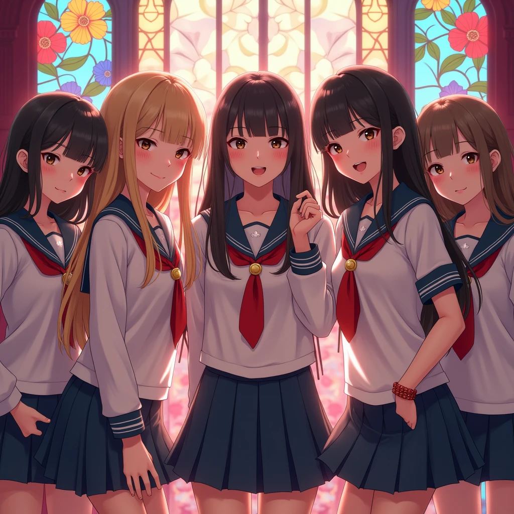 (sfw, White and Red, Acutance:0.8), Masterpiece, realistic, (photorealistic:1.8) with touch of rawness. A group of KAWAII girls in opened school uniform without brassiere . (extremely detailed KAWAII face variations, joyful expression variations), { Navel | pretty Ass | Overflowing underboob | (White panties) with blood only in crotch area | (full of Flowers covering girl's body) | (Colorful Light shines through Dazzling stained glass with delicate details:1.2) | Lens Flare } . (Exposed:1.2), ((nipple:-0.9)), (not Detailed fingers:-0.9) .