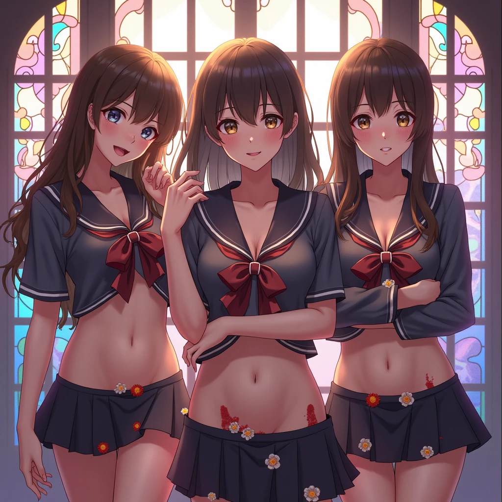(sfw, White and Red, Acutance:0.8), Masterpiece, ((realistic and ((photorealistic:1.8)) with touch of rawness)). A group of KAWAII girls in opened school uniform without bra . (extremely detailed KAWAII face variations, joyful expression variations), { Navel | pretty Ass | Overflowing underboob | (White panties) with blood only in crotch area | (full of Flowers covering girl's body) | (Dazzling colorful stained glass with delicate details:1.2) } . (Exposed:1.2), ((nipple:-0.9)), (not Detailed fingers:-0.9) .
