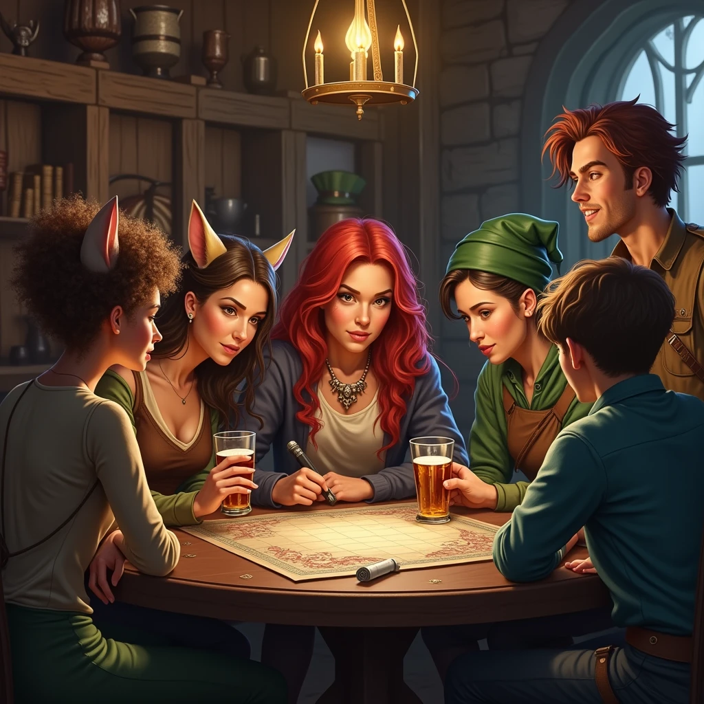 (((A group of friends playing D&d))). ((rpg de mesa). (Book Style D&d). (d'epic characters&d). (d&d). (Epic Tavern Background). anthropomorphic character, woman with curly hair and cat ears, redhead warrior, Leprechaun, gorgeous faces, faces in detail, Photographic realism.