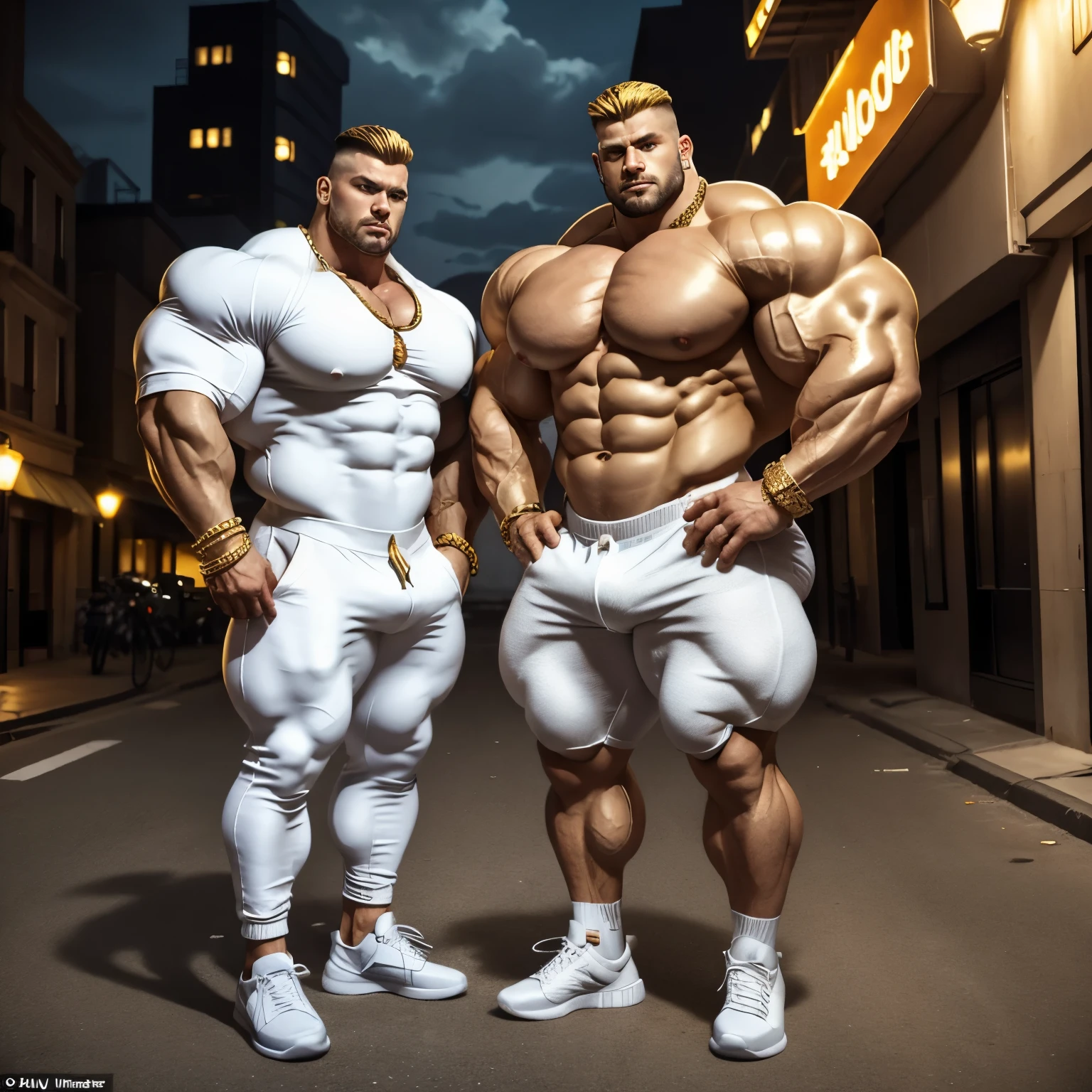 full view, full body, two over-muscular over-bodybuilded white european drunk males with hyper-clean undercut haircuts, wearing white lycra jumpsuits and socks, hype-fashioned chunky hi-top Balmain sneakers and golden championship glittering crowns, golden rings, bracelets, chains, terrified, badly threattened by a muscular midget man poorly dressed and looking angry, in deserted street at night