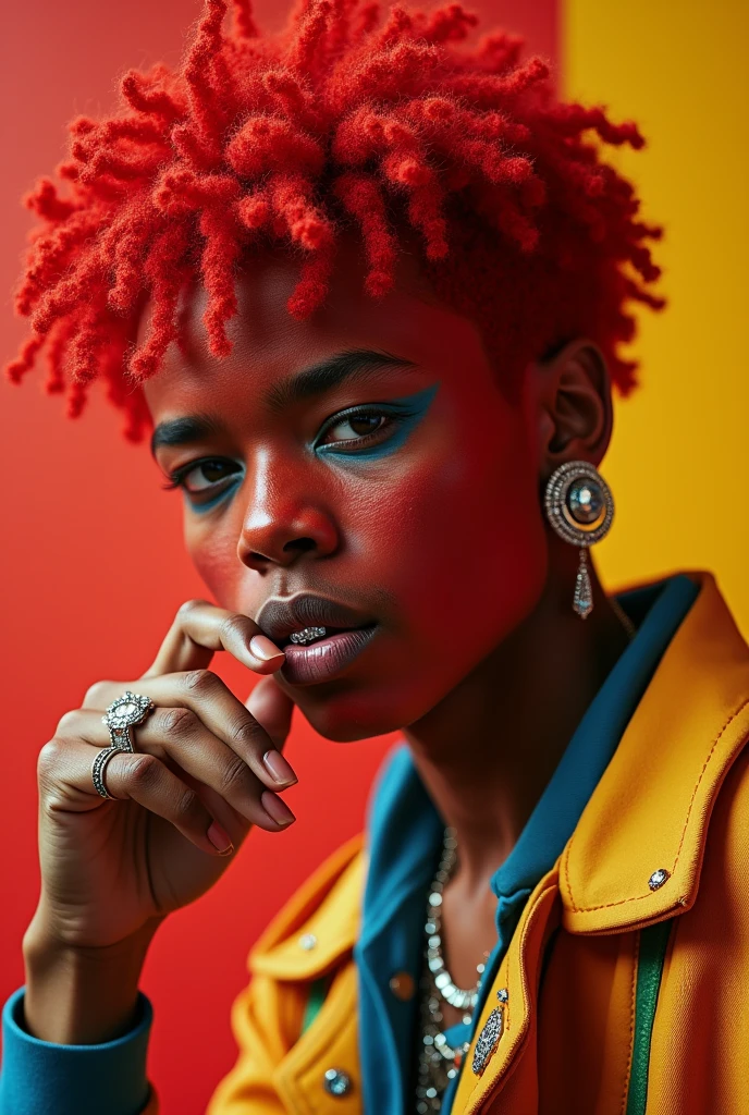 Draw a young man of about 1 with red skin, half of his hair is deep red and the other half is yellow., She has short wavy afro hair that reaches her shoulders., has grillzz jewelry and diamonds, and he is smoking