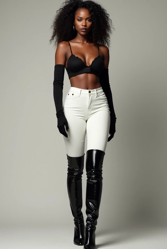 Black woman, black thigh high boots, long gloves, white pants, bra