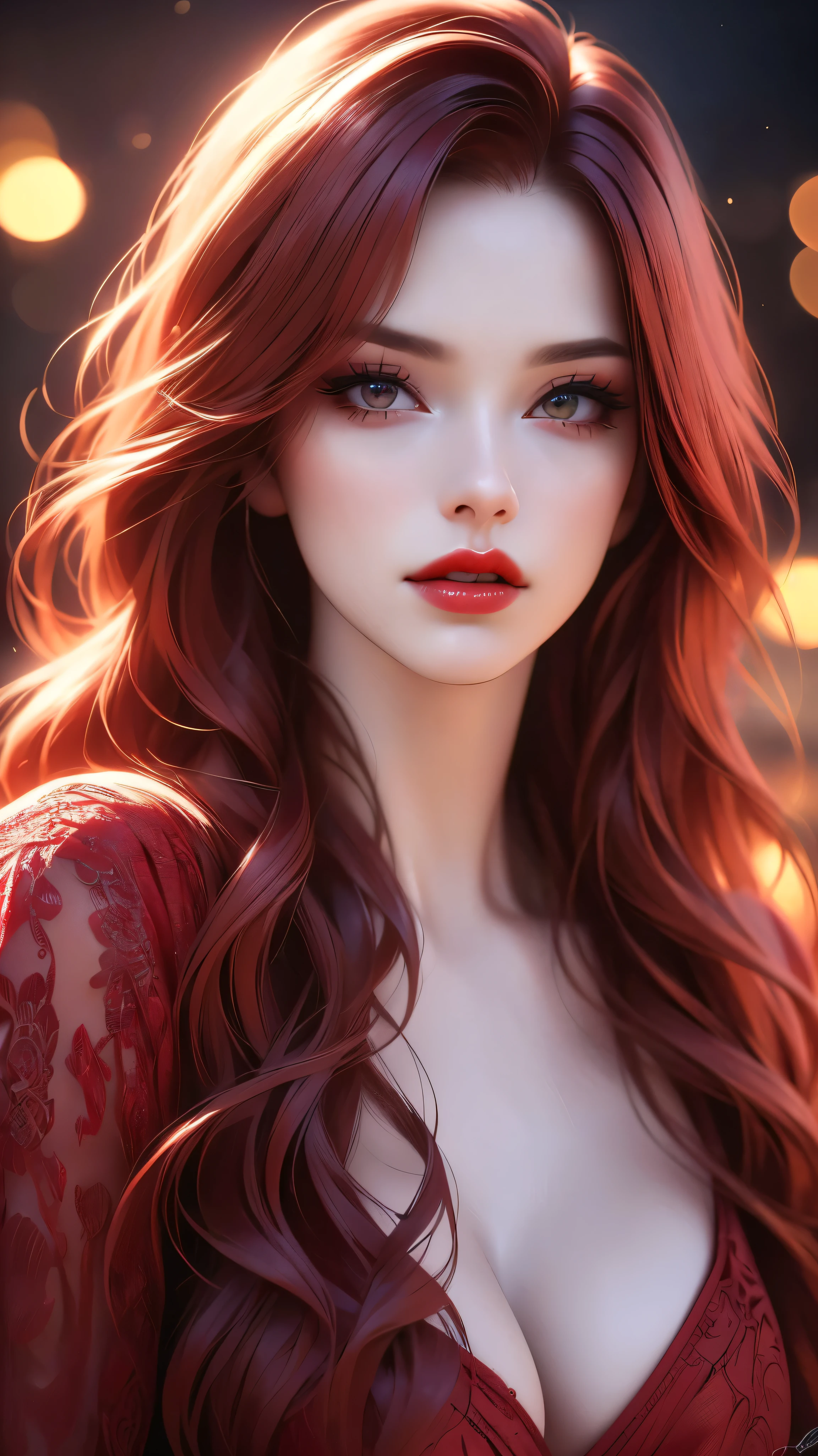 a beautiful woman with long red hair, detailed makeup and red lipstick, cleavage, looking at the viewer, (best quality,4k,8k,highres,masterpiece:1.2),ultra-detailed,(realistic,photorealistic,photo-realistic:1.37),studio lighting,vivid colors,bokeh,cinematic portrait,cinematic,dramatic lighting,warm color tones,high contrast,artist signature