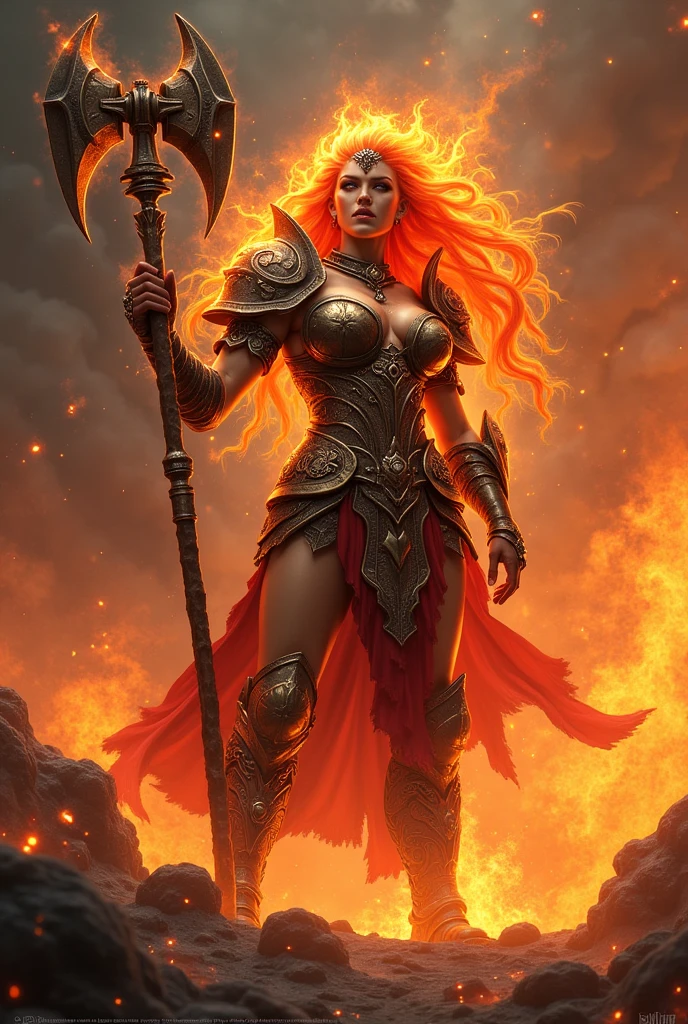 Fire giant warrior queen with warhammer flowing hair powerful