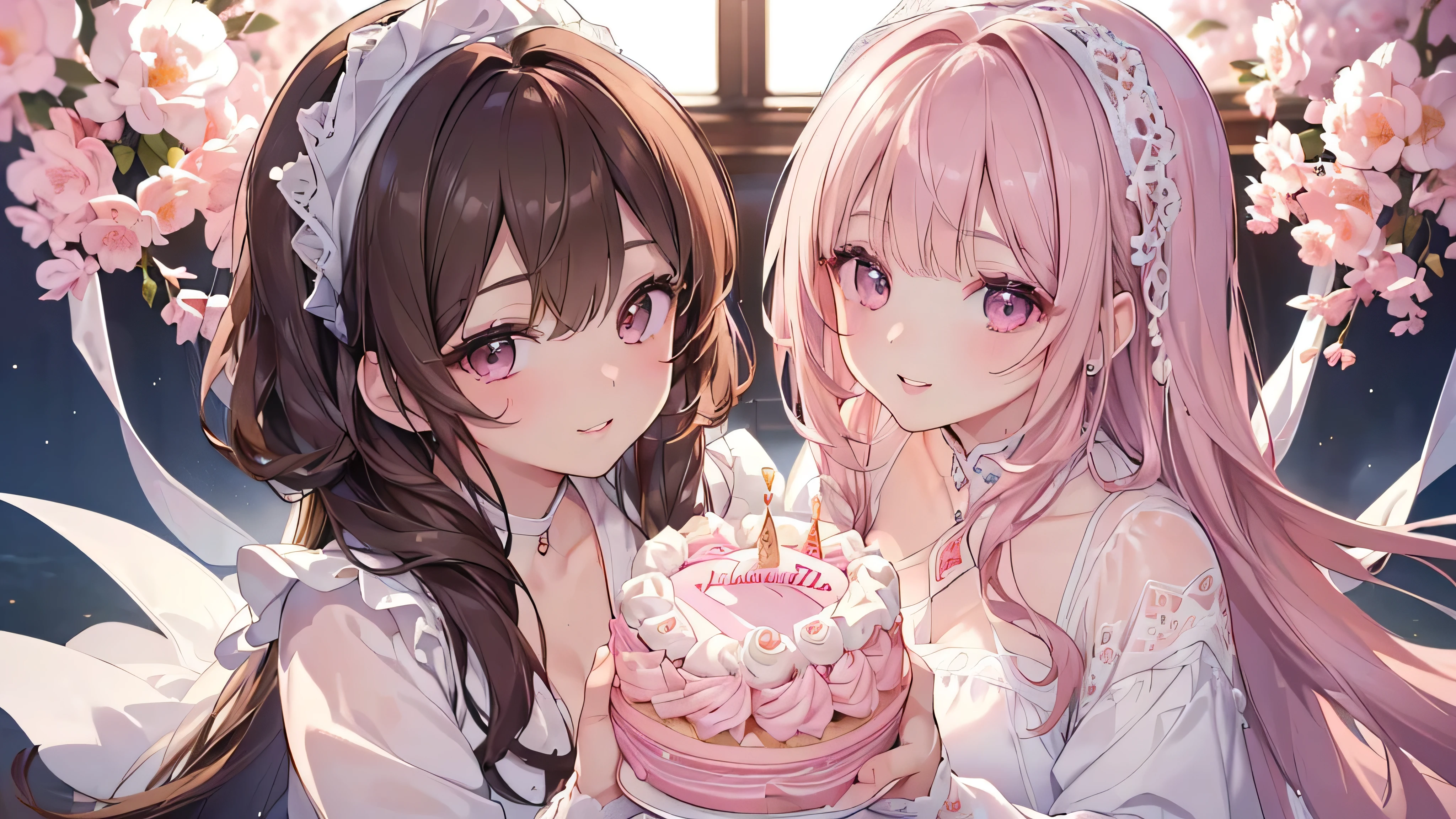 ((Highest quality、masterpiece、Ultra-fine、Ultra-fine、Exquisite、16K、Brown Hair,The best smile,Full HD、)), ((Top view,I have a birthday present,One person))Long eyelashes、White skin、(Pale pink lips、Pale pink cheeks、thin and long)、((One person)),Birthday Party -
