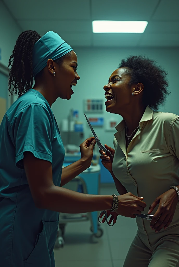 Generate image of African Igbo maternity in the nurse staff room an igbo nurse of about 35years old stabs an igbobold midwife woman of about 50years with a scissor from the tray during a confrontations and heated arguments