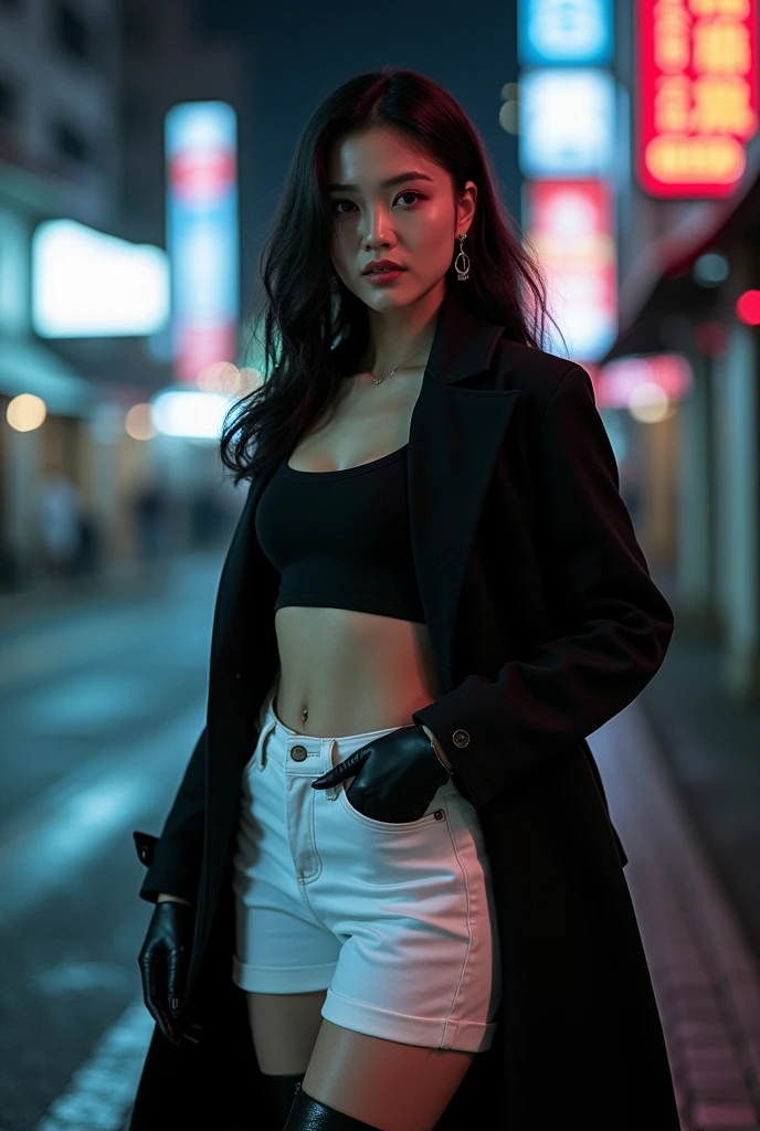 Korean girl in black leather thigh high boots, white pants, trench coat, long gloves
