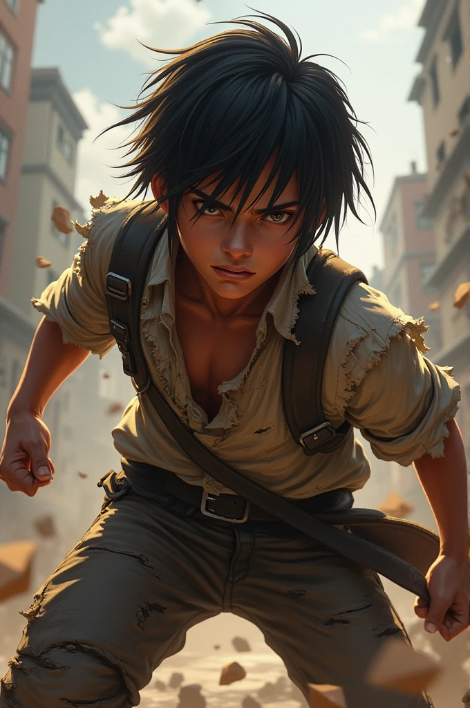 Please create a 2D character with straight hair, eyes, and torn clothes as if he were fighting.
