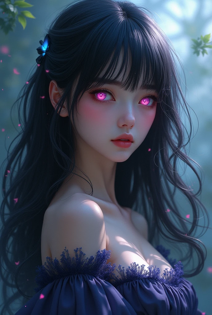 A girl with long hair and black bangs with pink eyes