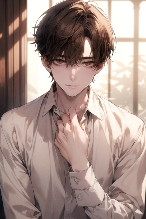 (Masterpiece), (Best Quality), Very detailed, ((a pale guy )), Perfect Face, Beautiful Face, Very detail, (short brown-haired man), (brown eyes), (harems)、white shirt, white rabbit, stunning, blood stained, exspressionlees, open shirt, cold shadow, shadow