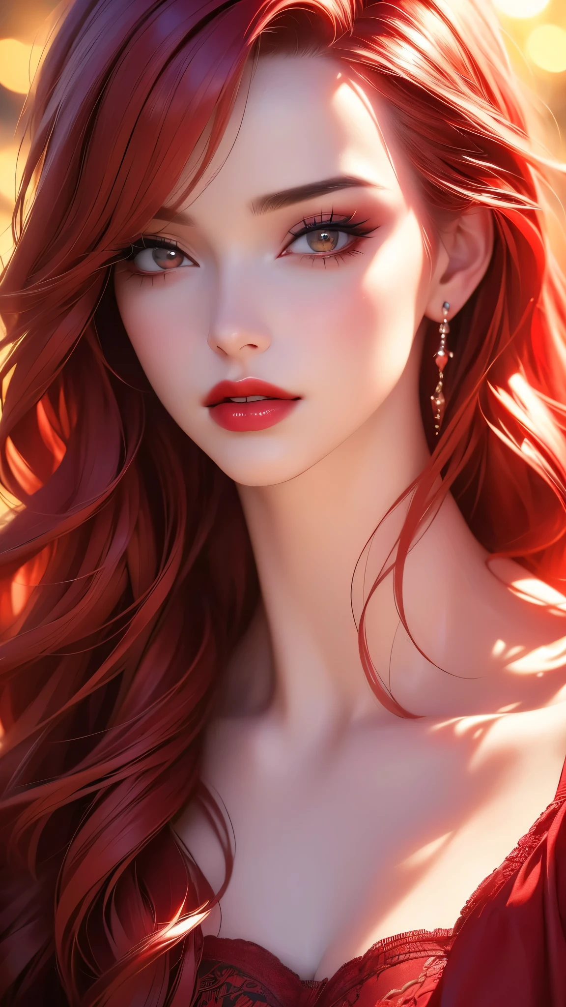 a beautiful woman with long red hair, detailed makeup and red lipstick, cleavage, looking at the viewer, (best quality,4k,8k,highres,masterpiece:1.2),ultra-detailed,(realistic,photorealistic,photo-realistic:1.37),studio lighting,vivid colors,bokeh,cinematic portrait,cinematic,dramatic lighting,warm color tones,high contrast,artist signature