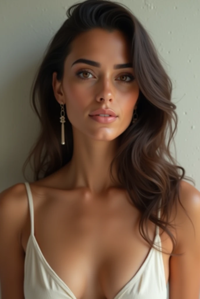 A light-skinned Brazilian woman,medium hair slightly wavy,1.64 tall , 78 kilos , Oval face , slightly large mouth and medium lips , with a low-cut neckline