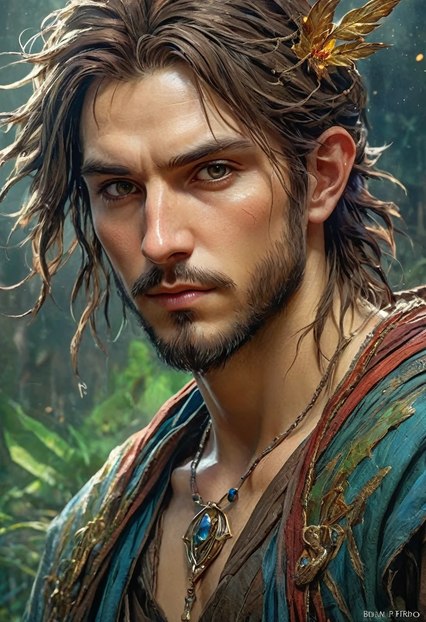 (anime, fantasy, character), (detailed CG unity 8k wallpaper, masterpiece, best quality, ultra-detailed, HDR:1.2), a man, perfect body, medieval vibe, highly detailed face. {concept art} {4k texture}, vibrant color, intricate, ethereal lighting. From Brian Froud and Carne Griffiths and Wadim Kashin and John William Waterhouse