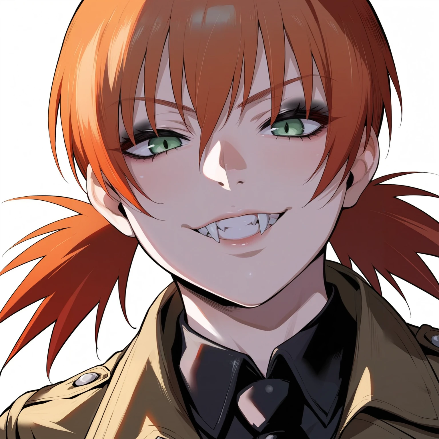 source_anime, rating_explicit, score_9, score_8_up, score_7_up, goth, gothic, ginger hair, short_hair, looking at viewer, hellsing, goth girl, ikuchan, smirk, green eyes, portrait face, face focus, face only, edgy, fangs, vampire, detailed, high quality, twintails