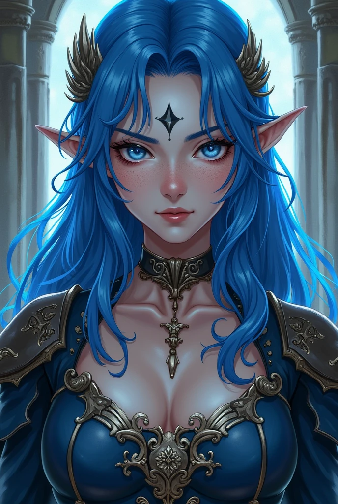 a close up of a woman with blue hair, final fantasy 14 style, blue elf, ffxiv, & her expression is solemn, regal and menacing visage, roguish smirk, azure. detailed hair, final fantasy face, final fantasy 14 sharp, final fantasy 1 4, nefarious smirk, character close up
