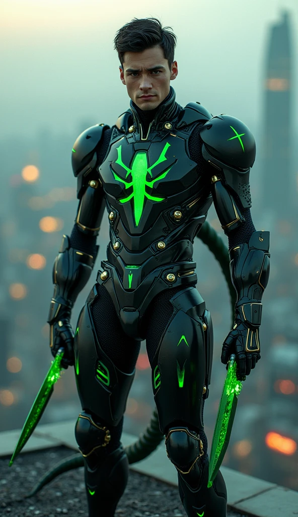 Young handsome man with short black hair and somboy style face, eyes browns, wearing black futuristic cybernetic armor with a green scorpion symbol on the chest, a cybernetic scorpion tail made of black metal with green details, holding two futuristic green curved knives, dusk on top of a building, epic pose, Masterpiece artwork, precise, High details, defocused, 3D rendering, cinematographic, conceptual artwork, cinematic lighting, lateral view, macro photography