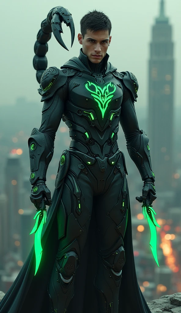 Young handsome man with short black hair and somboy style face, eyes browns, wearing black futuristic cybernetic armor with a green scorpion symbol on the chest, a cybernetic scorpion tail made of black metal with green details, holding two futuristic green curved knives, dusk on top of a building, epic pose, Masterpiece artwork, precise, High details, defocused, 3D rendering, cinematographic, conceptual artwork, cinematic lighting, lateral view, macro photography