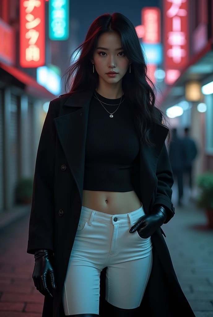 Korean girl in black leather thigh high boots, white pants, trench coat, long gloves