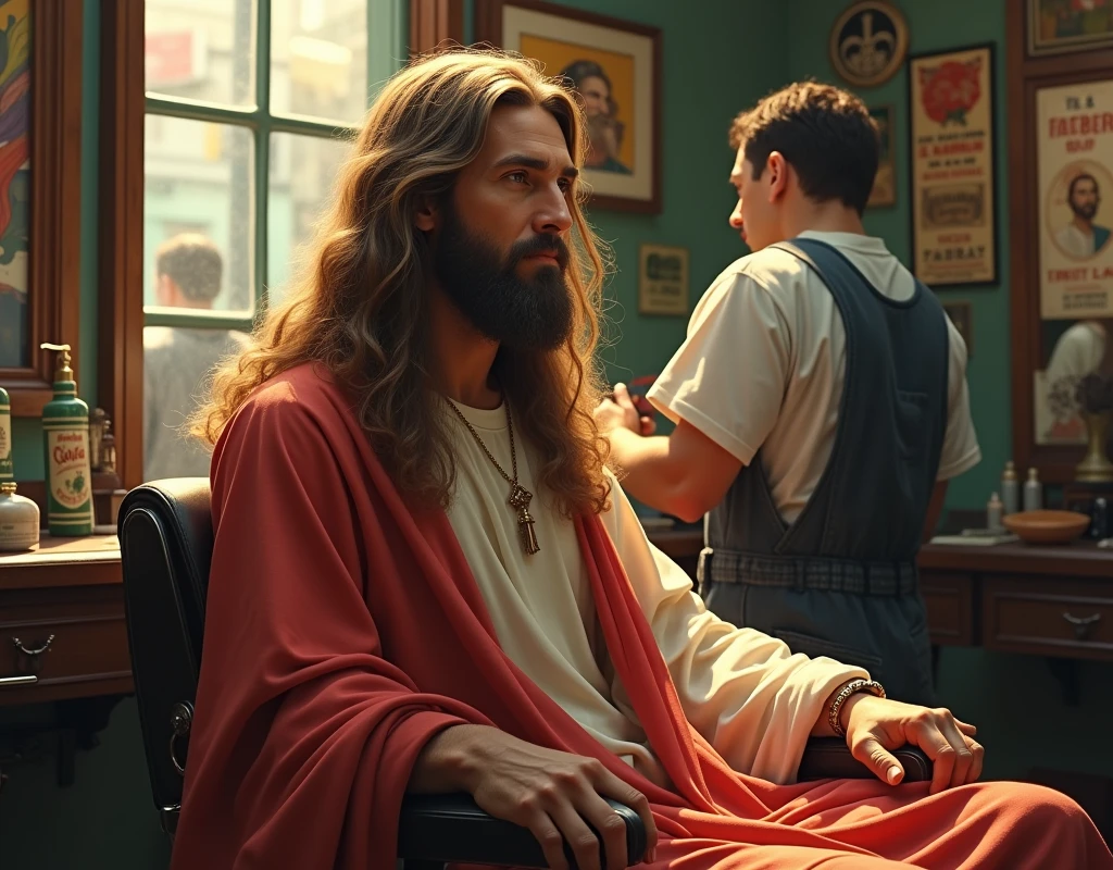 We need an image of Jesus with long hair and shinning and setting on the. Barber Shop for cutting big long hair