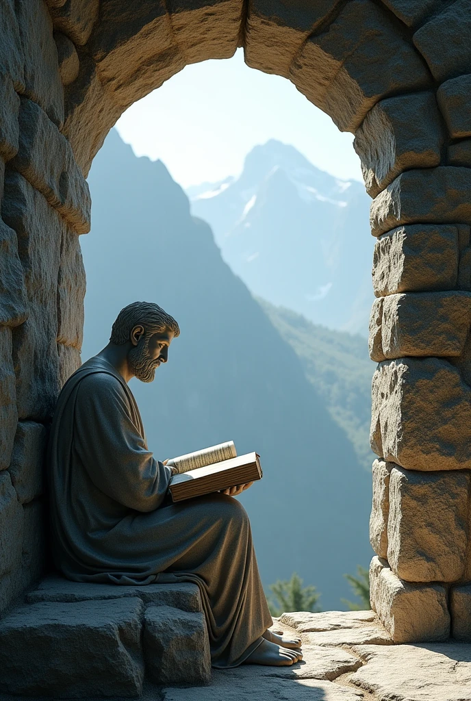  A little window a little window in the ecstasy of a mountain next to that window a stone man sitting with a stone book in his hand