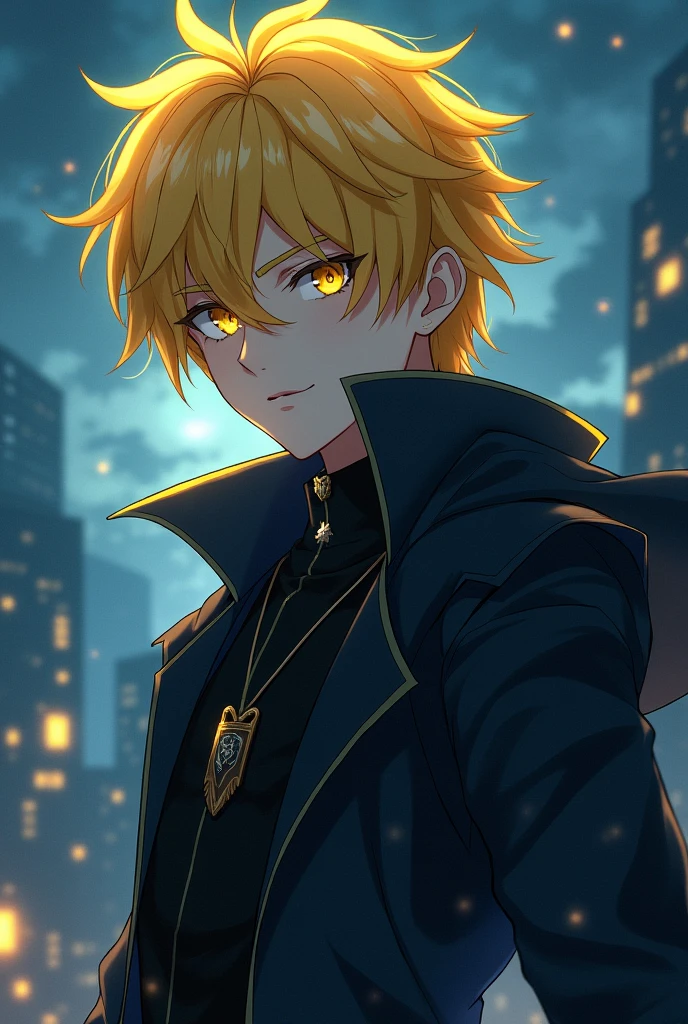 Yellow hair, yellow eyes, yellow hair, anime, , young man in his twenties, wearing black, night, soft lighting, strength, majesty, handsome, cold look, vengeful