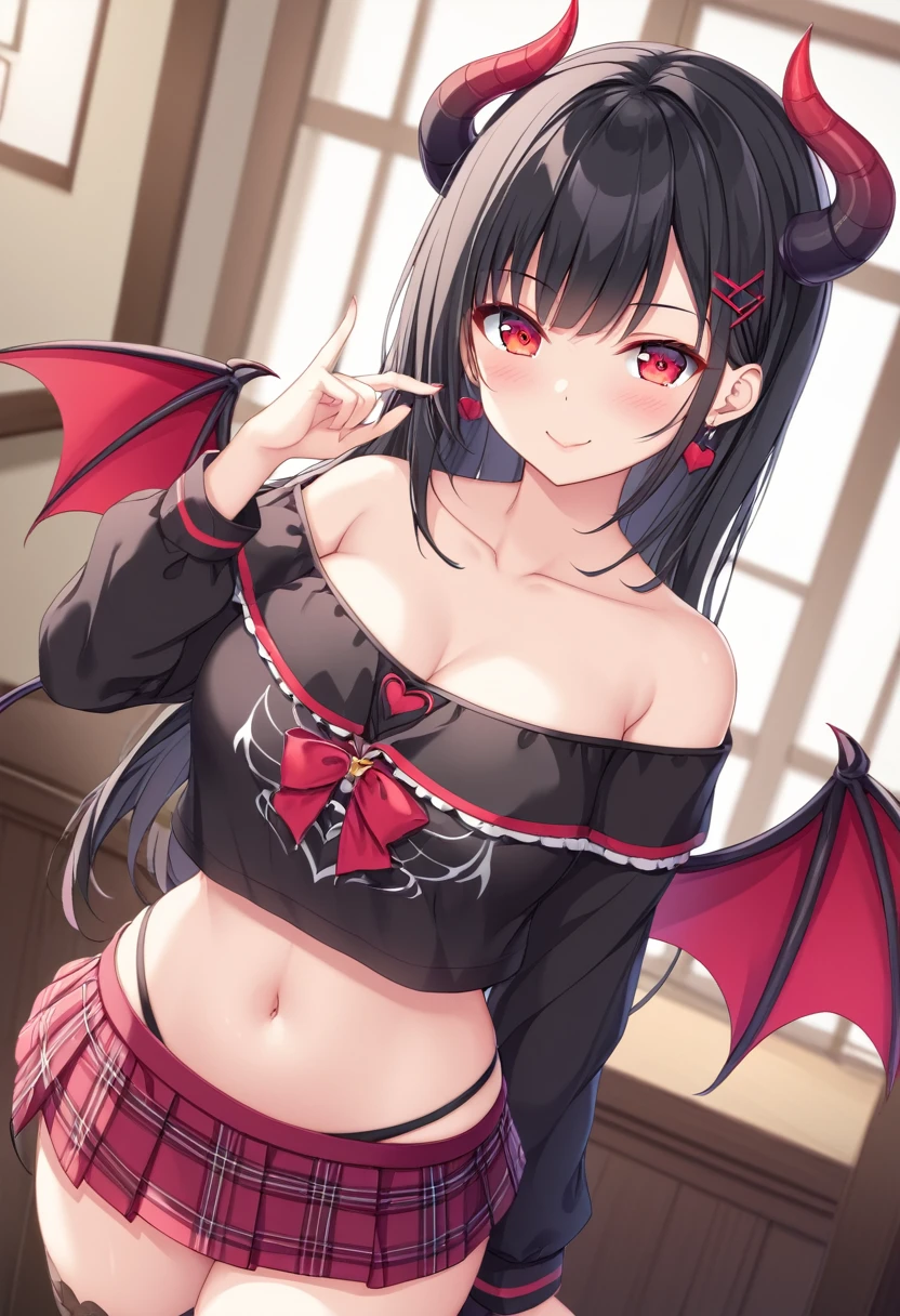 Standing posture、Beautiful eyes、Black Hair、high resolution、Short skirt、Off-the-shoulder clothing、Devil horns、Devil's Tail、tooth、Medium chest