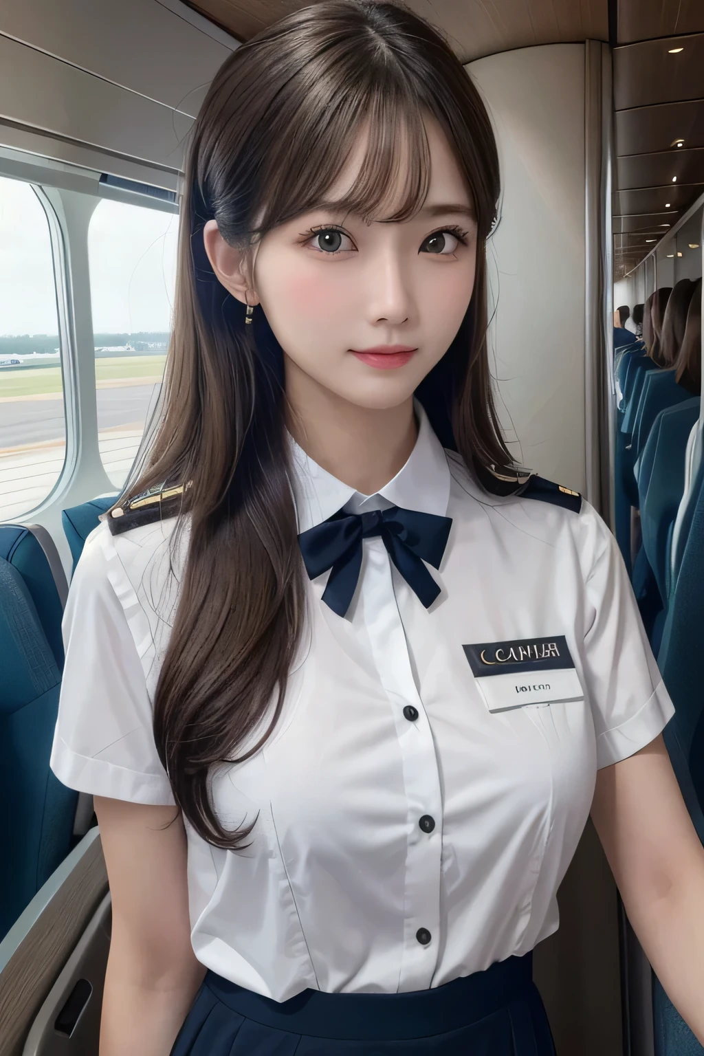 One Girl, 1 person,Highest quality,High resolution,超High resolution,8k,Realistic,Upper Body,encounter_audience,Large Breasts, the body is slim,(Cabin Attendant:1.2), uniform, airport,