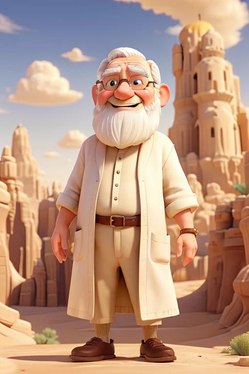 Create a very old man named Noah in the desert, receiving a divine message. Noah wears a white robe. The scene should have a soft golden light emanating from the sky, with a bright cloud above Noah, in 3D in the Disney Pixar style