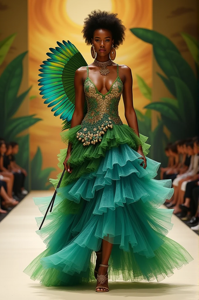 "A Brazilian model on a catwalk, wearing a conceptual outfit inspired by Brazilian culture. The costume is vibrant and colorful, combining elements of Brazilian flora and fauna, like tropical foliage and macaw feathers, with geometric shapes reminiscent of indigenous art. The dress is voluminous, with layers in different shades of green and blue, contrasting with golden details that refer to gold. Accessories include large leaf-shaped earrings, wooden bracelets and a stylized headdress with lush feathers. The lighting is soft and highlights the details of the clothing, while the background presents an abstraction of Brazilian landscapes."
