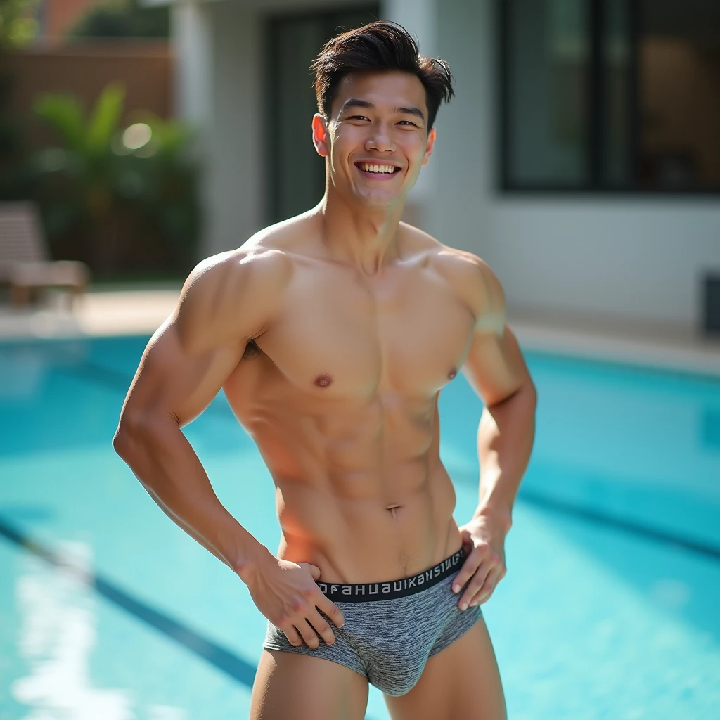 1 Chinese young man, cute, smiling a little, good figure, beautiful muscles, wearing underwear, very bulging crotch, background, swimming pool, real picture, very sharp details 