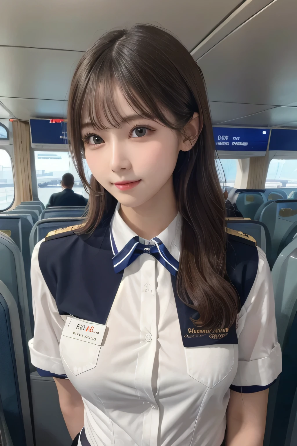 One Girl, 1 person,Highest quality,High resolution,超High resolution,8k,Realistic,Upper Body,encounter_audience,Large Breasts, the body is slim,(Cabin Attendant:1.2), uniform, airport,