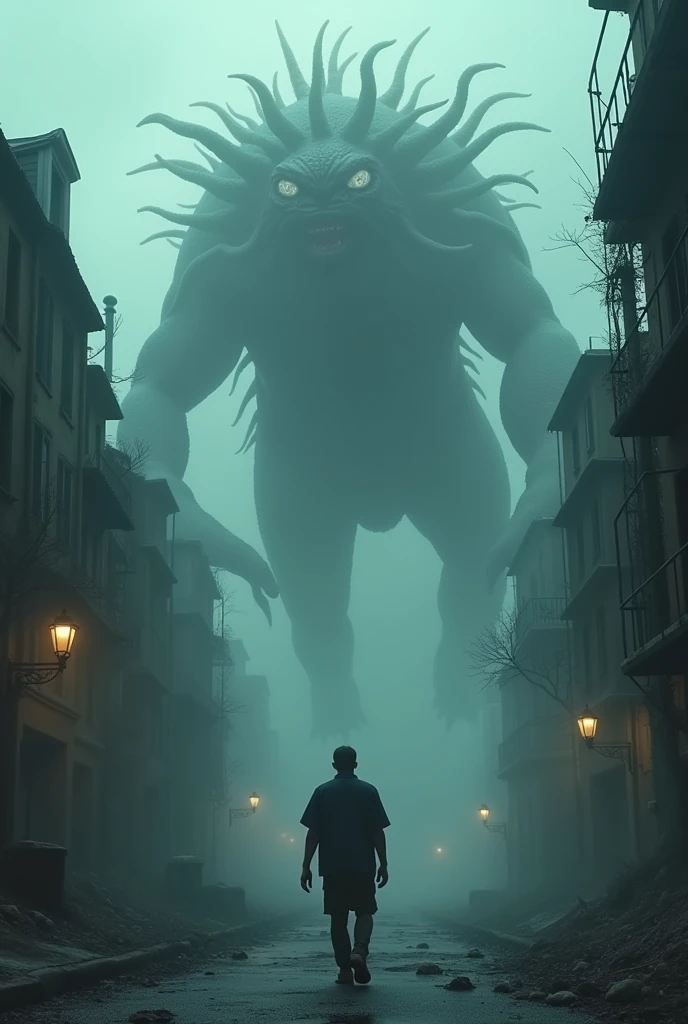 (medium full shot , straight on) of monstrous creature following mysterious lights, detailed face, located in a horrifying scene at a desolate factory during foggy night with eerie calm weather, illuminated by flickering candlelight, creating a eerie suspenseful atmosphere, detailed face, ,Masterpiece,best quality, photo, realistic, very aesthetic