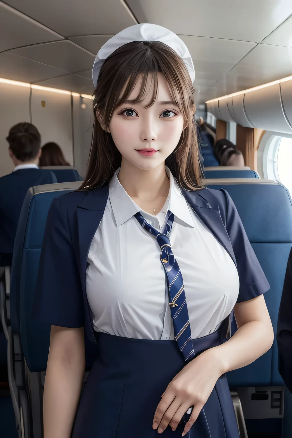 One Girl, 1 person,Highest quality,High resolution,超High resolution,8k,Realistic,Upper Body,encounter_audience,Large Breasts, the body is slim,(Cabin Attendant:1.2), uniform, airport,