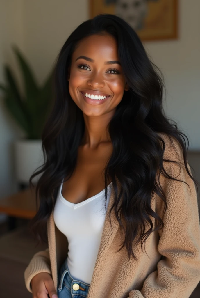 a black woman. honey brown skin. long black hair. comely. smiling. casual outfit. full body photo, Inside the house, Ultra-high quality.