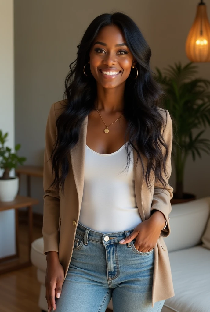   a black woman. honey brown skin. long black hair. comely. smiling. casual outfit. full body photo, Inside the house, Ultra-high quality.