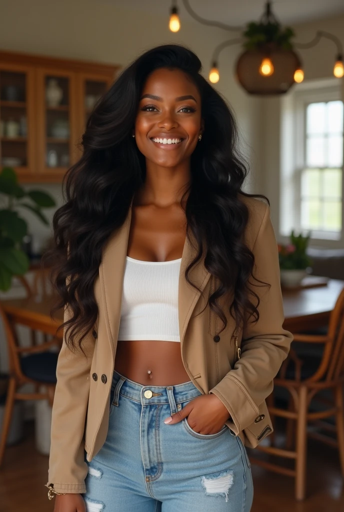   a black woman. honey brown skin. long black hair. comely. smiling. casual outfit. full body photo, Inside the house, Ultra-high quality.