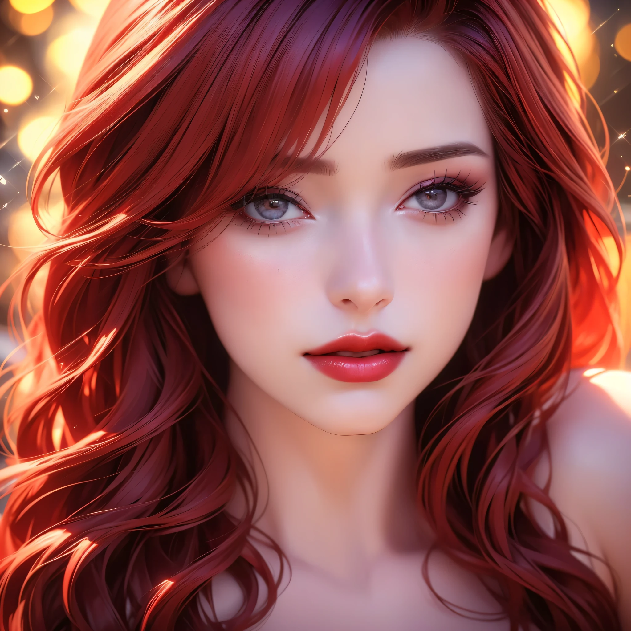 a beautiful woman with long red hair, detailed makeup and red lipstick, cleavage, looking at the viewer, (best quality,4k,8k,highres,masterpiece:1.2),ultra-detailed,(realistic,photorealistic,photo-realistic:1.37),studio lighting,vivid colors,bokeh,cinematic portrait,cinematic,dramatic lighting,warm color tones,high contrast,artist signature