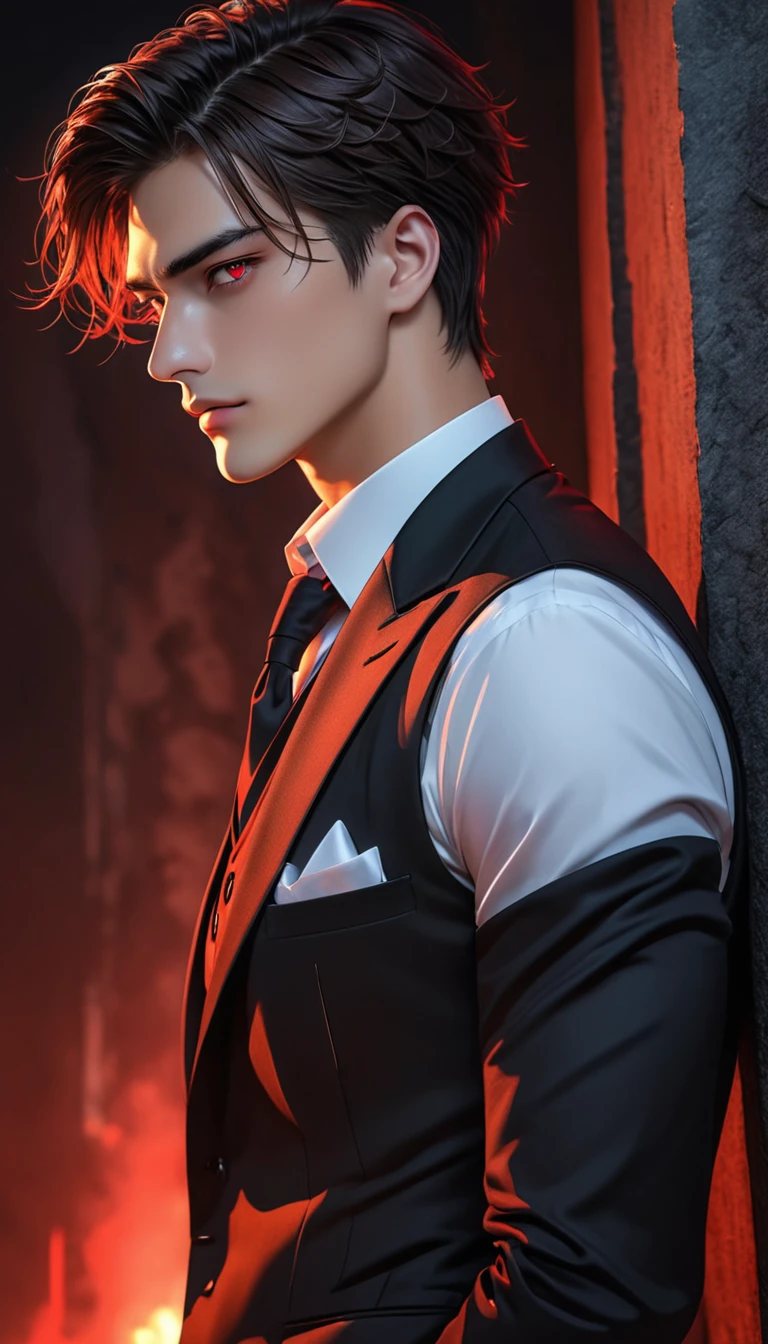 Masterpiece, 8k, HDR, best quality, ultra-detailed, aesthetic pose, dark vibes, man about twenty years old, handsome, hot guy, his ruby-red eyes glowed, sharp gaze, ultra detailed at eyes, tall, standing cool, side angle, close-up shot, wearing vest and black suit, the chain attribute on his suit adds to the glamorous impression, broad chest, hand in trouser pocket pose, grave background in the dark night