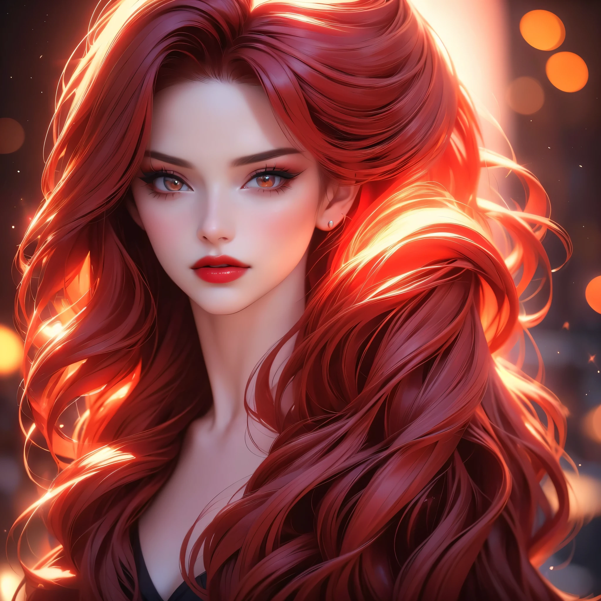 a beautiful woman with long red hair, detailed makeup and red lipstick, cleavage, looking at the viewer, (best quality,4k,8k,highres,masterpiece:1.2),ultra-detailed,(realistic,photorealistic,photo-realistic:1.37),studio lighting,vivid colors,bokeh,cinematic portrait,cinematic,dramatic lighting,warm color tones,high contrast,artist signature