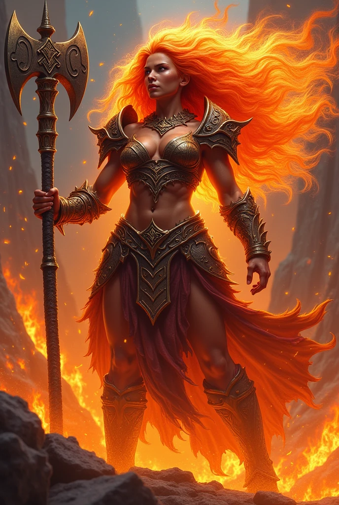 Fire giant warrior queen with warhammer flowing hair powerful red skin