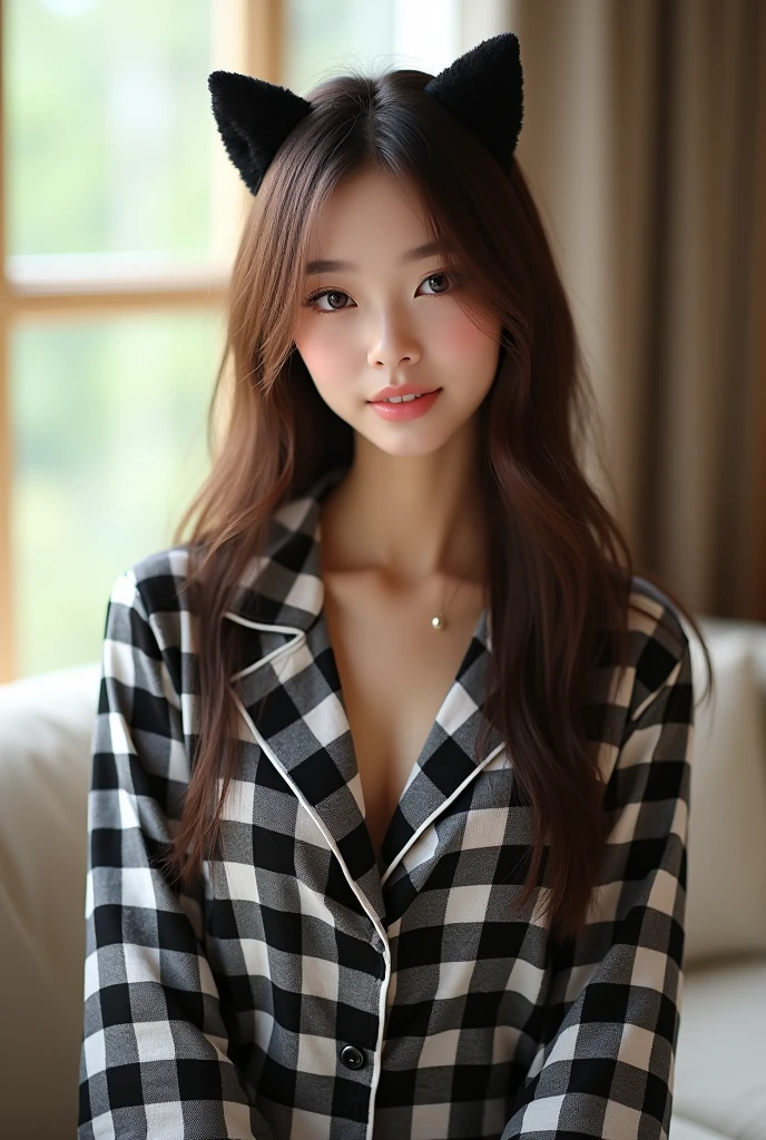 (masterpiece, Highest quality:1.1), (8k, RAW Photos, Photorealistic:1.2, f22), (Glowing Skin), Detailed skin,Long Hair,Brown Hair、Straight Hair、Flat Chest、Small bust size、Slim face、Short neck、Detailed face, Detailed eyes,smilee,break, Real World, Intricate details, smile, break, One person, whole body,(Long sleeve,pajamas,Plaid,Black and White,Cat ear)break, (sofa:1.4)、Natural light、bright、noon