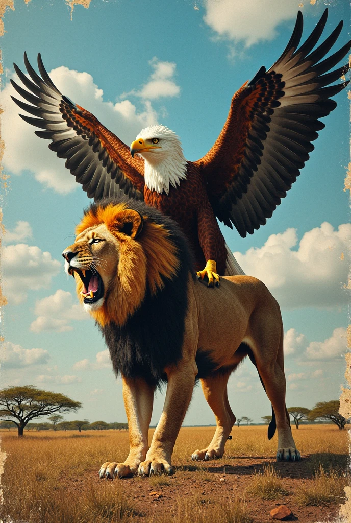 2 flat tear papers from magazine are put on the big green cutting mat. (First Tear paper is the photo of eagle with only head claws and wings on sky background), (second tear paper is the photo of the lower part of lion with only body, hip, back leg and tail on safari background), two papers are put on side by side to make new creature that upper part is eagle and lower part is lion, perspective view, (glue stick, tape, cutter on the mat)
