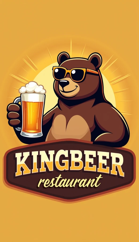 "Create a highly detailed and realistic logo for 'KingBeer'. The centerpiece of the logo is a large, lifelike bear sitting on top of a golden beer barrel. The bear is wearing aviator sunglasses and holding a large, frothy beer mug in one hand, as it casually drinks the beer. The bear should look strong and regal, symbolizing the 'king' theme. The background of the logo should be a dark, rustic wood texture, and the text 'KingBeer' should be prominently displayed below the bear in bold, gold lettering with a slight metallic sheen. The overall style should be realistic, with a slightly vintage, premium feel. The logo should evoke a sense of quality, tradition,