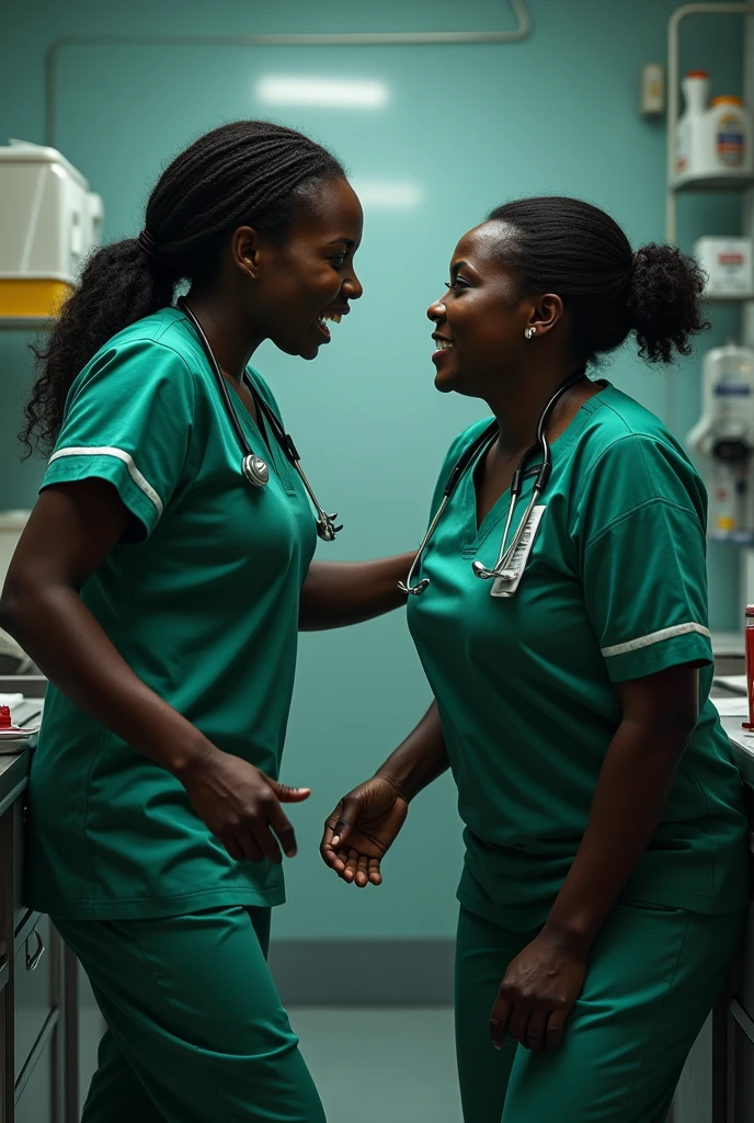 Generate image of African Igbo maternity in the nurse staff room an igbo nurse of about 35years old STABS an igbobold midwife woman of about 50years with a scissor from the tray during a confrontations and heated arguments