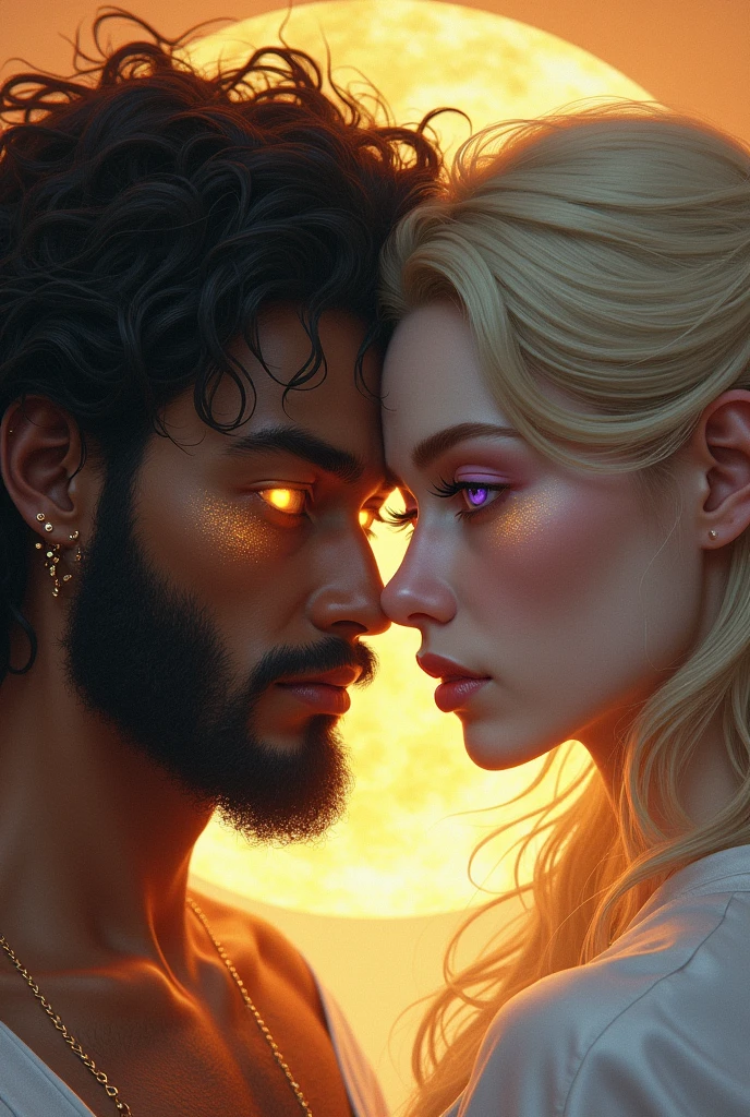 Two semi-realistic style characters, a man who represents the sun (with dark skin, dark brown hair and yellow eyes) and a woman who represents the moon ( with light skin, light brown hair and lilac eyes)